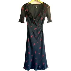 Vtg Express 100% Silk Dress Black Crepe Red Flower V-neck Lined Size 5/6